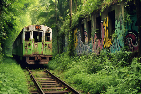 Old train in the jungle. Photo in old color image style.の素材