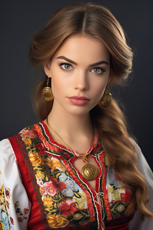Portrait of a beautiful young woman in national clothes. Russian style.の素材