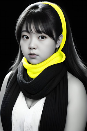 A portrait of a beautiful asian girl wearing a yellow scarf.の素材
