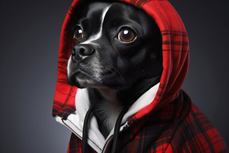 Cute black and white dog in a red plaid coat.の素材