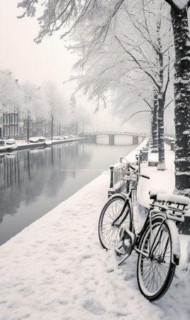 Bicycles in the snow along the canal in Amsterdam, Netherlandsの素材