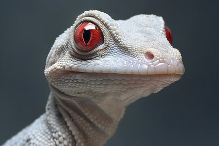 Close-up of a white gecko with red eye on gray backgroundの素材