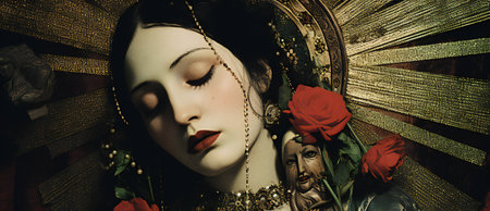 Portrait of a beautiful woman with red roses in her hair.の素材