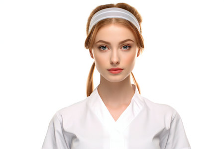 Portrait of a beautiful young female nurse on a white background.の素材