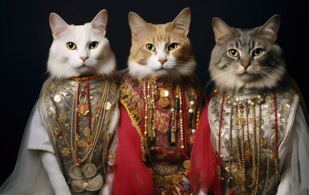 Three cats in the image of the Virgin Mary on a black backgroundの素材