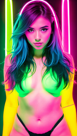 Sexy young woman in colorful lingerie posing in studio with neon lights.の素材