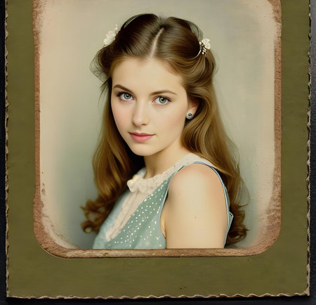 Portrait of a beautiful girl with blue eyes in a vintage photo frameの素材
