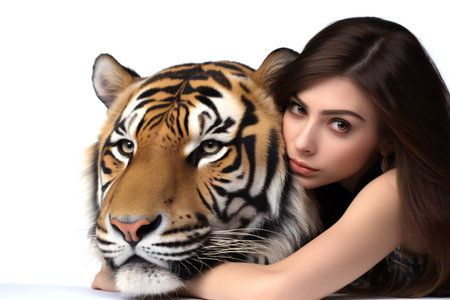 Beautiful young woman with tiger. Isolated on white background.の素材