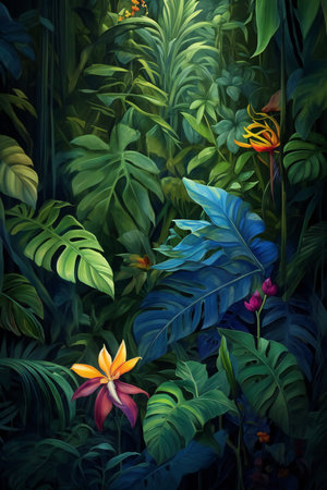 Tropical jungle background with monstera leaves and flowers. Digital painting.の素材