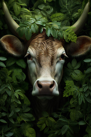Cow portrait with green leaves background. Cow head in the forest.の素材