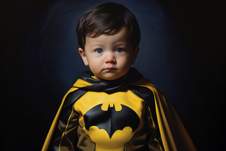 Portrait of a cute little boy dressed like a superhero on dark backgroundの素材