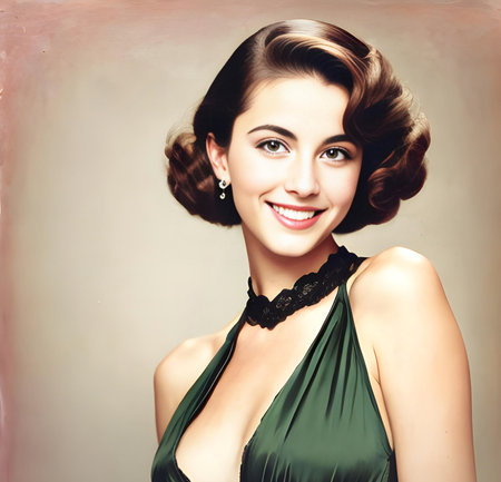 Portrait of beautiful young woman with curly hairstyle and green dressの素材