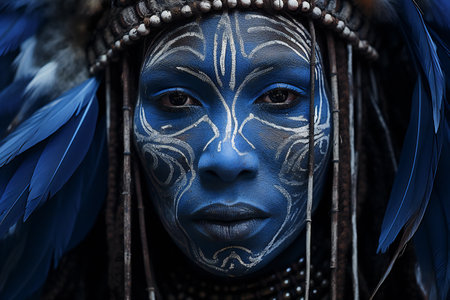 Portrait of a beautiful African woman with blue feathers on her faceの素材