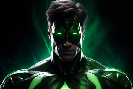Close-up portrait of a male superhero in green light against dark backgroundの素材