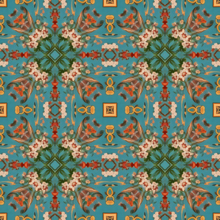 Seamless pattern with floral motifs in blue and orange colorsの写真素材