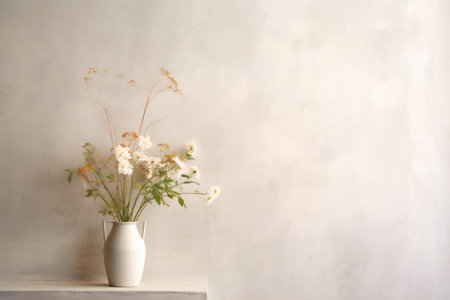 Vase with beautiful chamomile flowers on table near light wallの素材