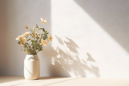 Bouquet of yellow flowers in white vase on white wall backgroundの素材