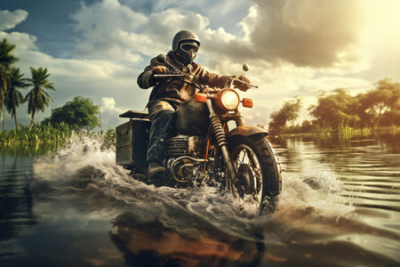 Motorcycle rider riding on the river in the countryside,vintage colorの素材