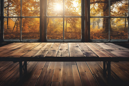 Wooden table in front of the window in the autumn forest.の素材