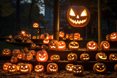 Halloween pumpkins with scary faces in the park at night.の素材