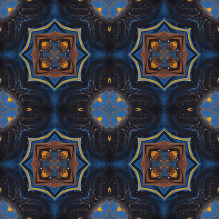 Kaleidoscopic ornamental seamless pattern in blue and orange colorsの素材