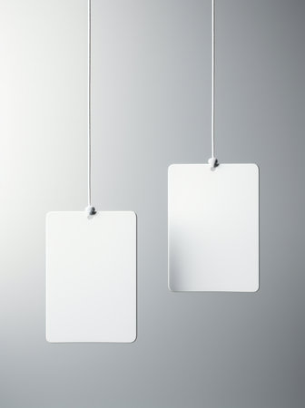 Blank price tags hanging on a rope on a gray background.の素材