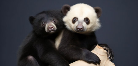 Close-up of two panda bear cubs sitting on a piece of paperの素材