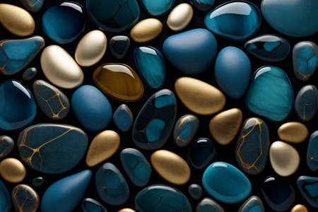 Blue and gold pebbles on black background.の素材