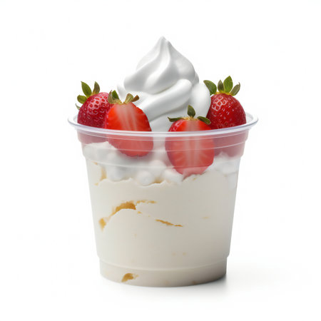 Strawberry yogurt in a plastic cup isolated on white background.の素材