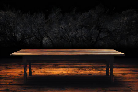 Empty wooden table in dark forest at night.の素材