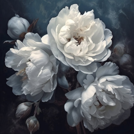 Beautiful white peony flowers on a dark background. Toned.の素材