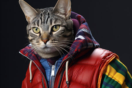 Portrait of a cat in a red jacket on a black backgroundの素材