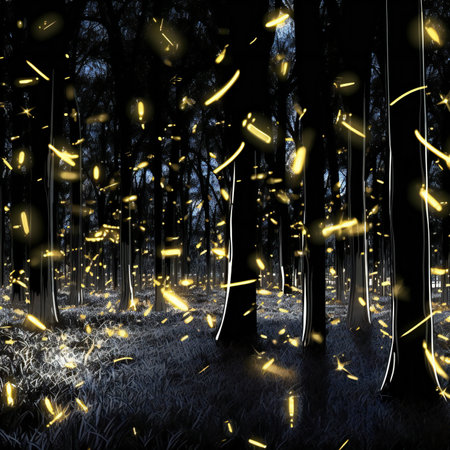 Golden lights in the dark forest. Christmas backgroundの素材
