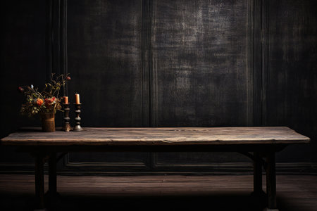 Old wooden table and vase of flowers on the dark background.の素材