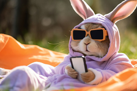 Cute little bunny wearing sunglasses with smartphone in the park. Adorable petの素材