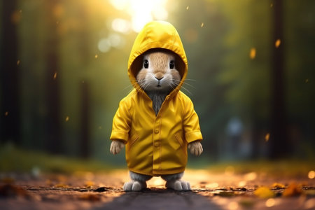 Cute little rabbit in raincoat on autumn park background. Space for textの素材