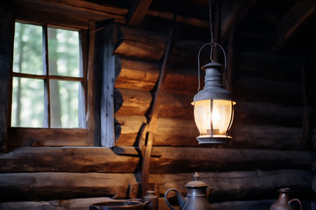 Vintage lamp on the background of a log house. Rustic style.の素材