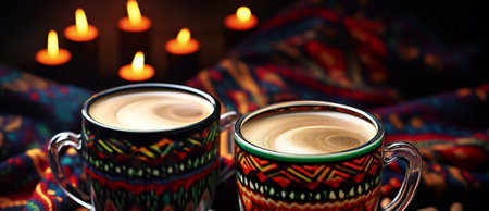 Two cups of coffee on the background of candles in the evening.の素材