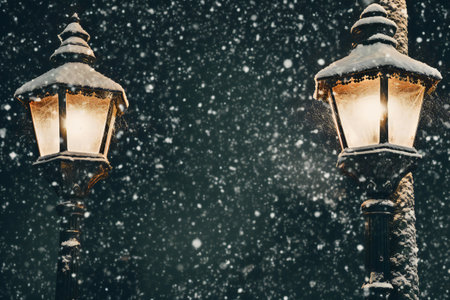 Street lamp under snowfall. Winter street lanterns in snowfall.の素材