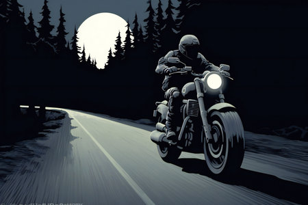 Motorcyclist on the road in the forest at night with full moonの素材