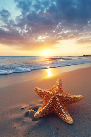 Starfish on the beach at sunset. Beautiful seascape.の素材