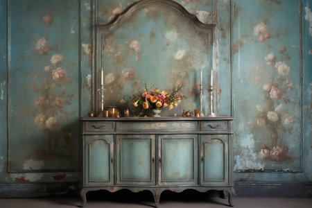 Vintage cabinet with flowers and candles in the interior of the roomの素材