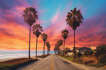 Sunset view of palm trees along the road in Santa Monica, California.の素材