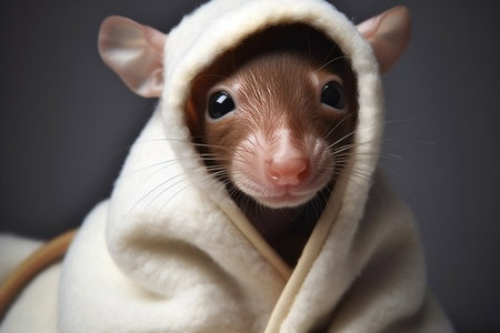 Cute little rat wrapped in blanket on dark background, closeupの素材