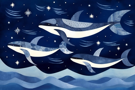 Illustration of a whale swimming in the sea with moon and starsの素材