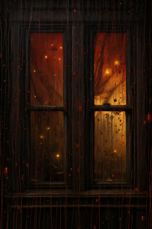 Illustration of a window in a dark room with lights on itの素材