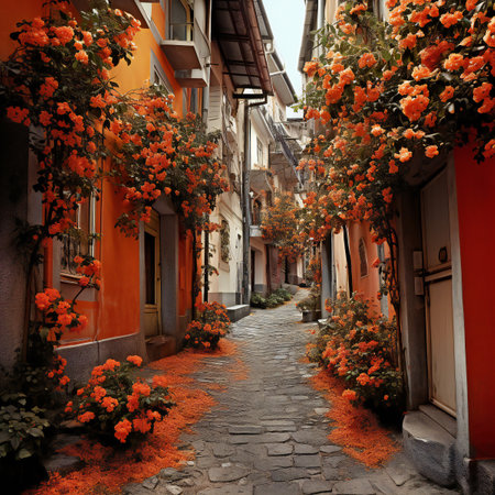 Beautiful alley with orange flowers in old town of Istanbul, Turkeyの素材