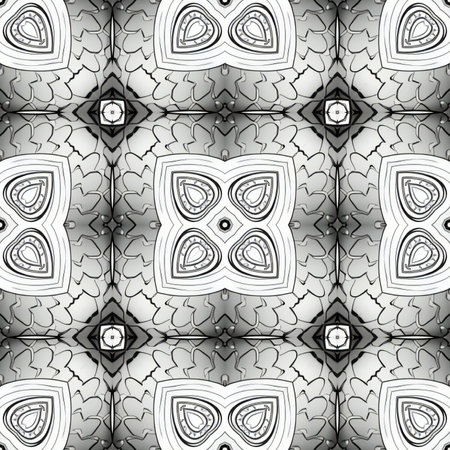 Seamless abstract pattern, symmetrical, intricate and colorful in black and white tonesの素材