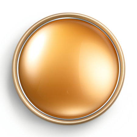 Gold button isolated on white background.  Top view.の素材