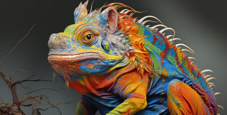 colorful chameleon on a gray background.の素材